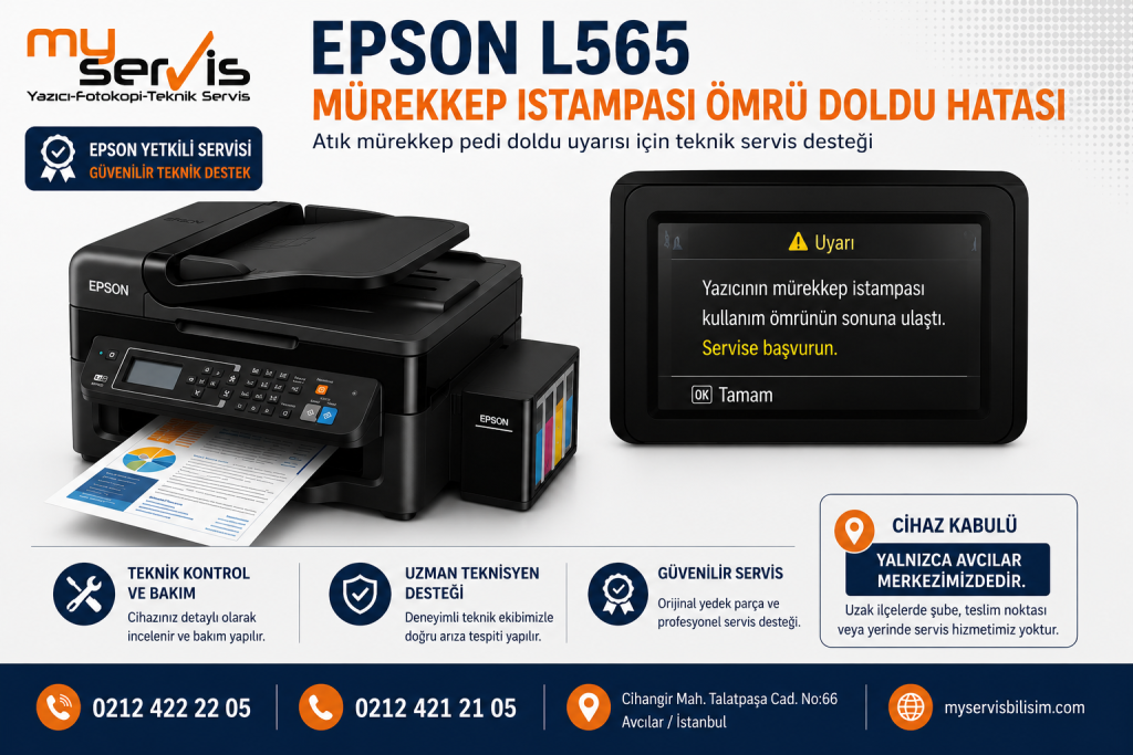 Epson L565 mürekkep ıstampası ömrü doldu hatası için Epson Yetkili Servisi teknik destek görseli.