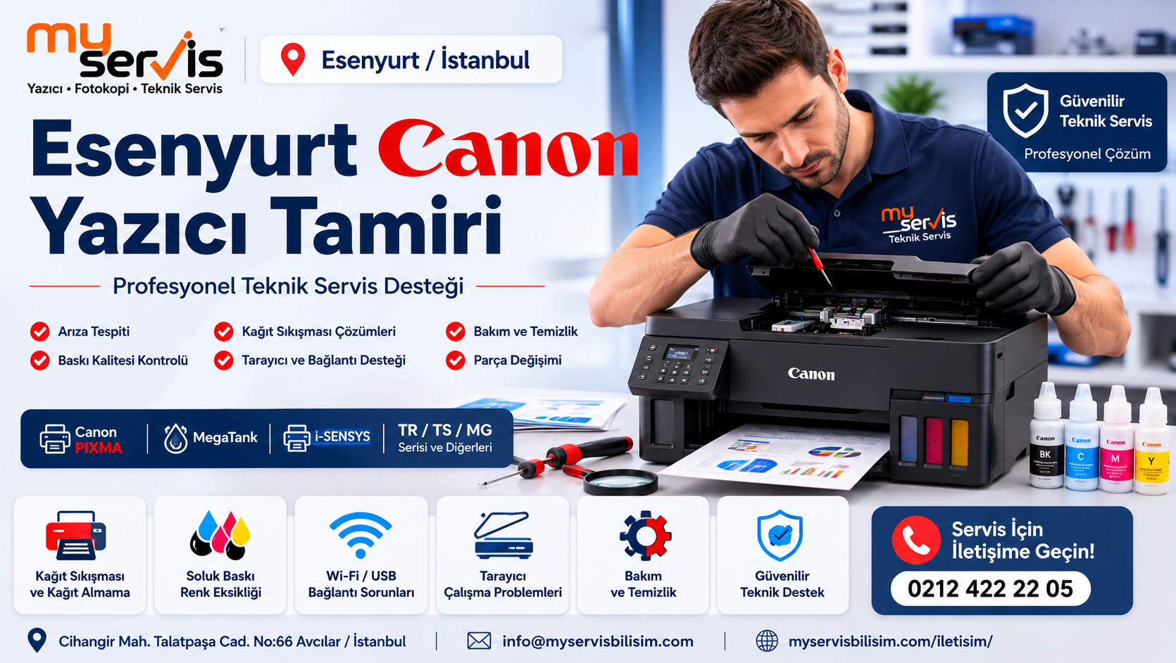 Esenyurt Canon yazıcı tamiri için MyServis Bilişim profesyonel teknik servis desteği