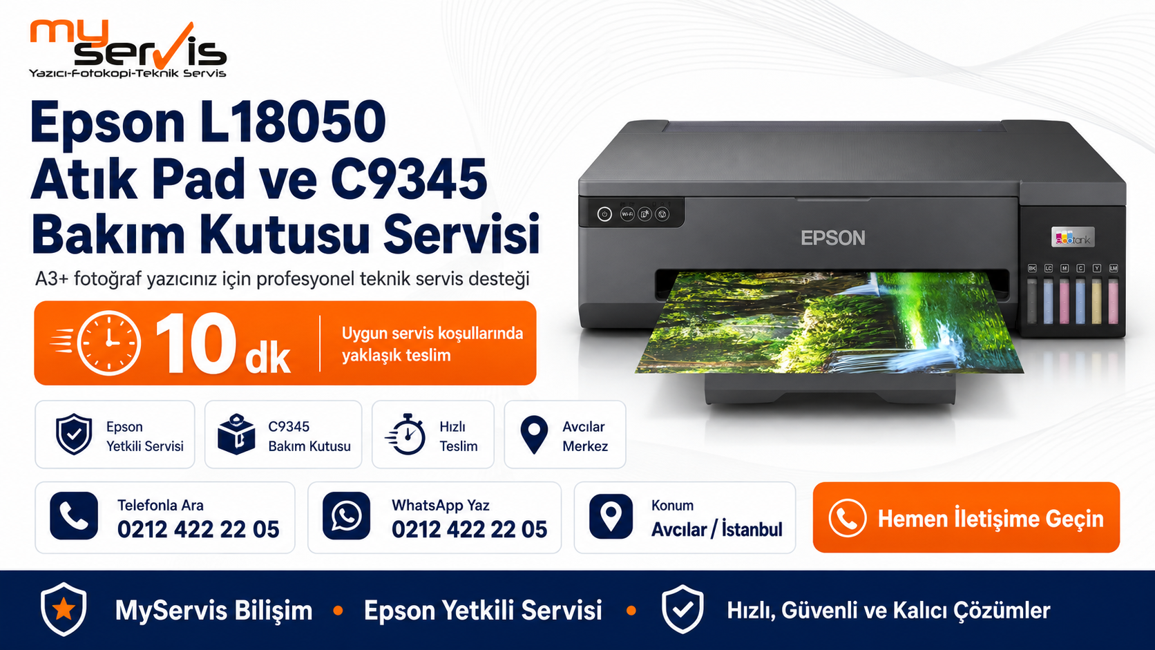 Epson L18050 atık pad uyarısı ve C9345 bakım kutusu değişimi için Avcılar Epson yetkili servis