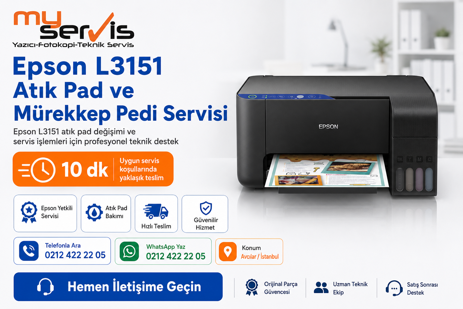 Epson L3151 atık pad ve mürekkep pedi servisi Avcılar MyServis Bilişim