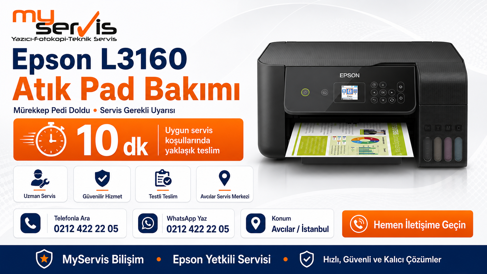 Epson L3160 atık pad bakımı ve mürekkep pedi doldu uyarısı için Avcılar Epson yetkili servis
