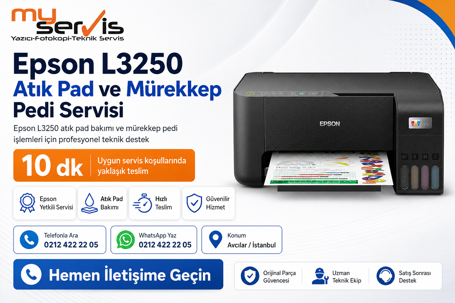 Epson L3250 atık pad ve mürekkep pedi servisi Avcılar MyServis Bilişim