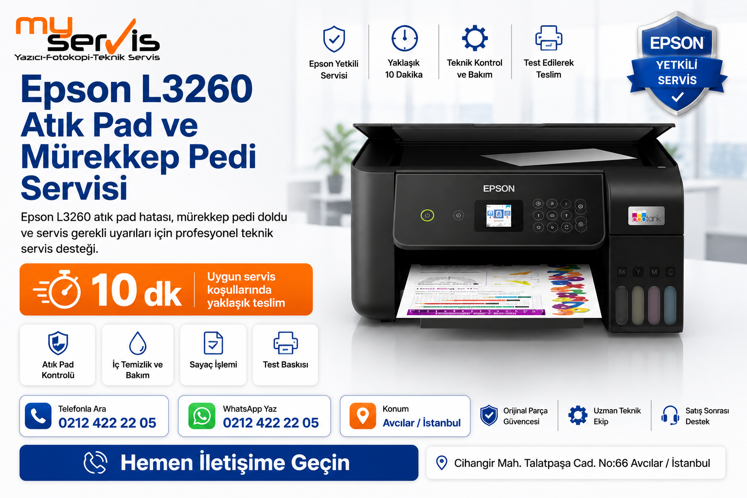 Epson L3260 atık pad, mürekkep pedi doldu ve servis gerekli uyarıları için Avcılar MyServis Bilişim Epson Yetkili Servisi desteği.