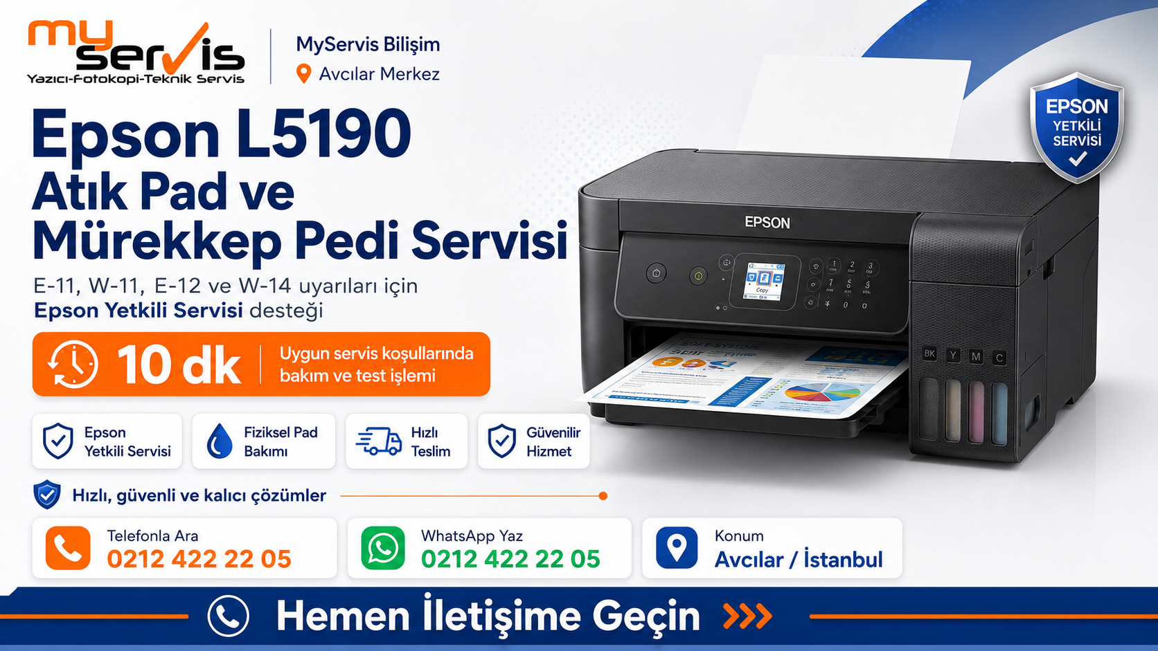 Epson L5190 atık pad ve mürekkep pedi servisi Avcılar MyServis Bilişim