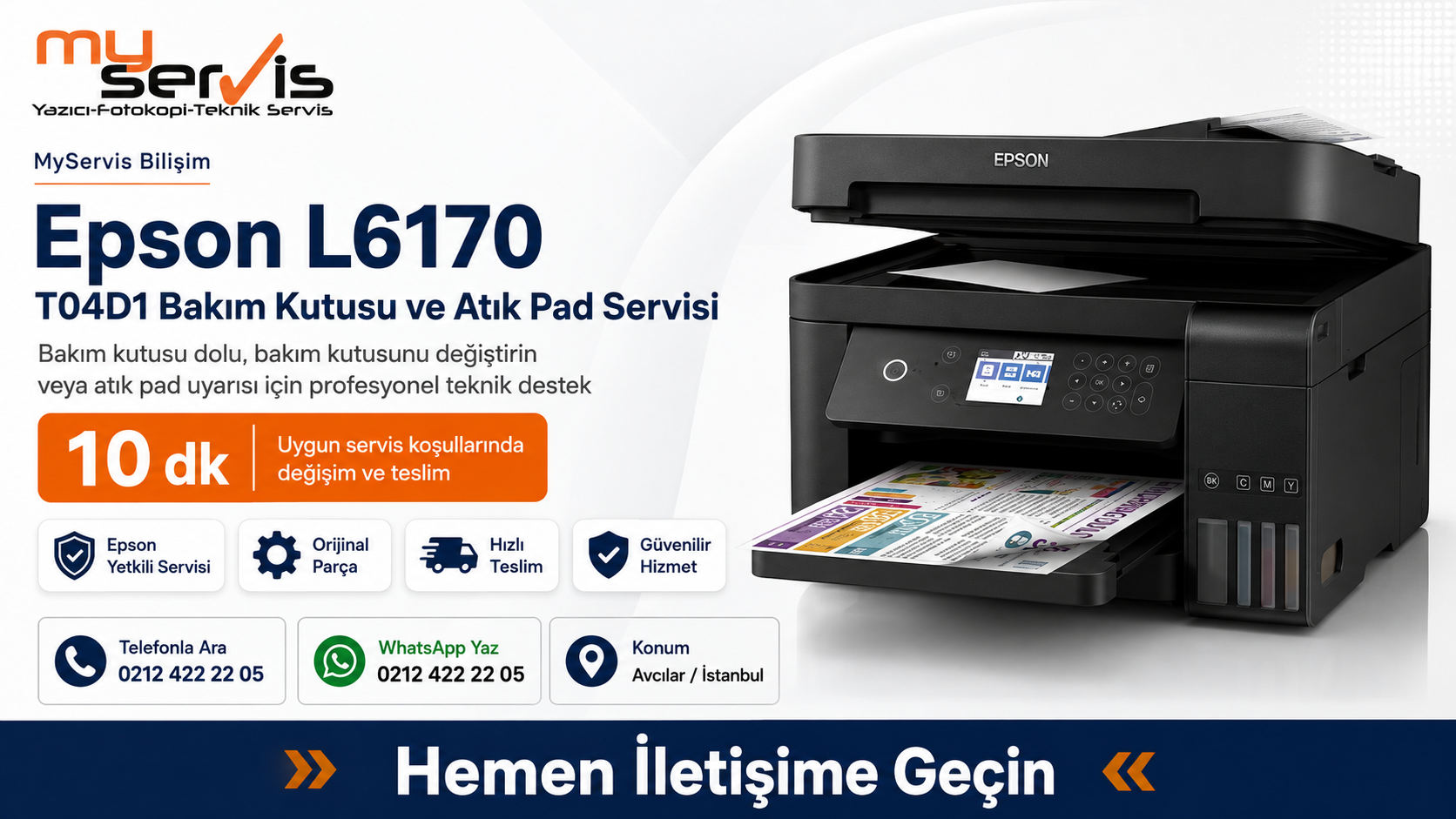 Epson L6170 T04D1 bakım kutusu satışı ve atık pad servisi Avcılar MyServis Bilişim