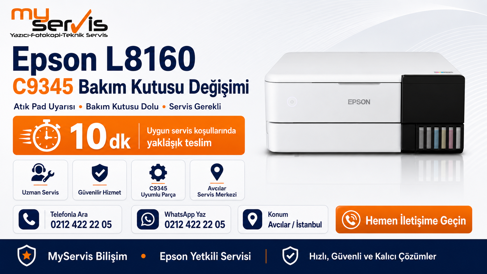 Epson L8160 atık pad uyarısı ve C9345 bakım kutusu değişimi için Avcılar Epson yetkili servis
