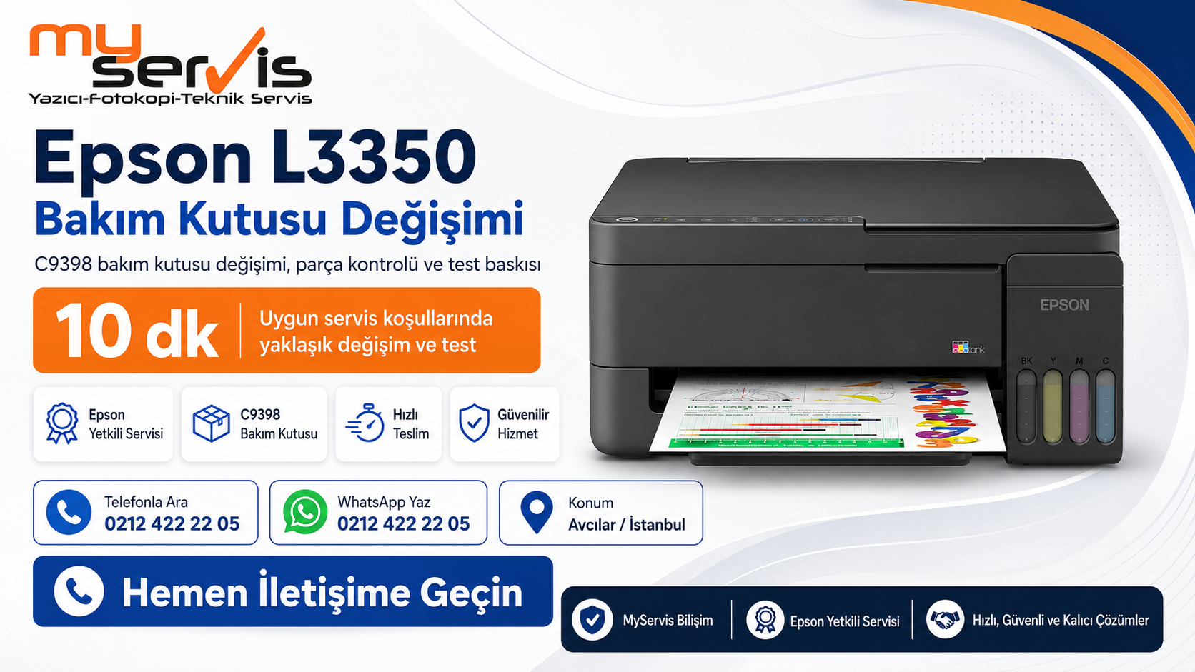 Epson L3350 C9398 bakım kutusu değişimi için Avcılar Epson yetkili servis